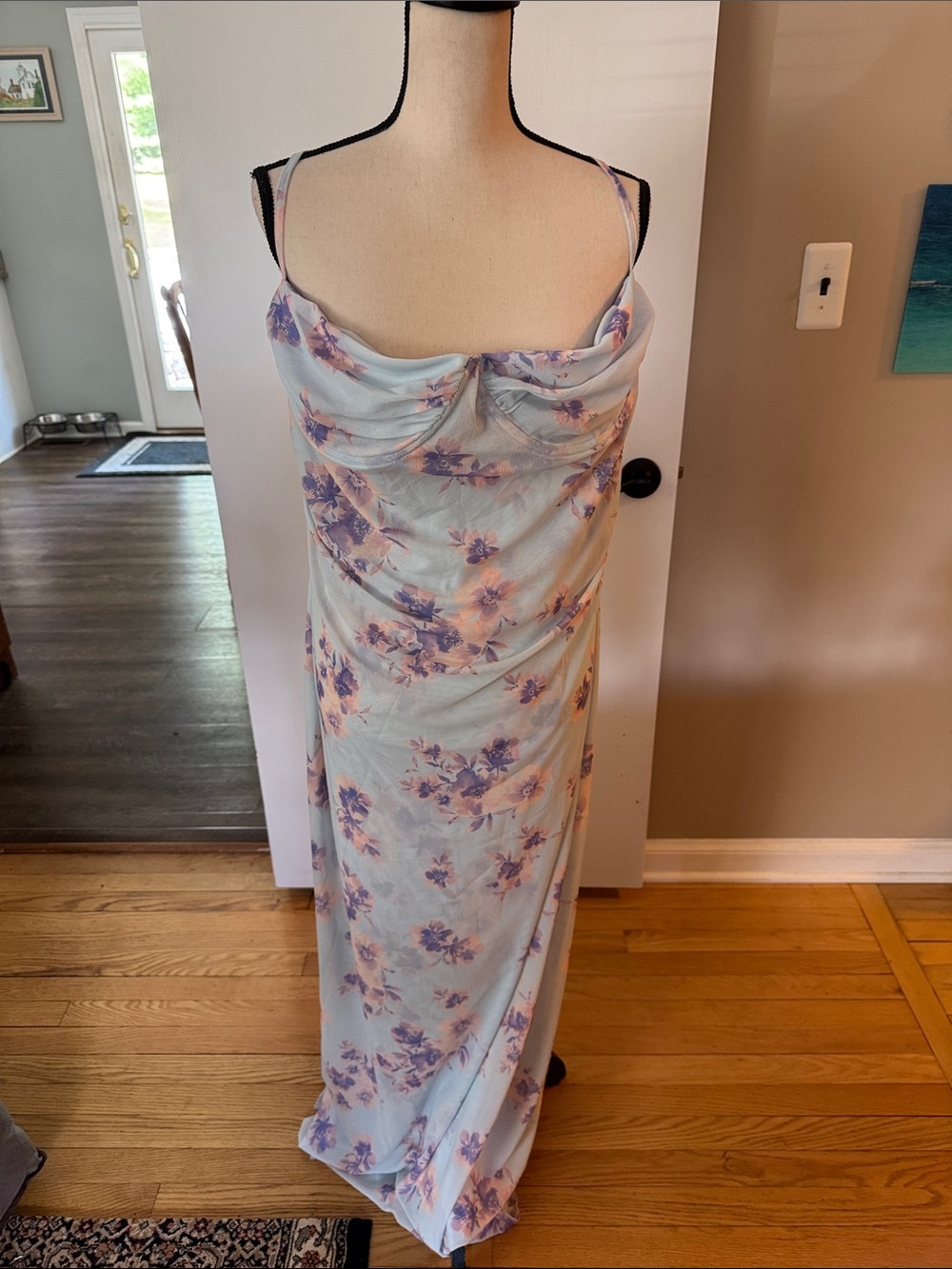 Peppermayo Light Blue Maxi Slip Dress with Lavender Floral Print